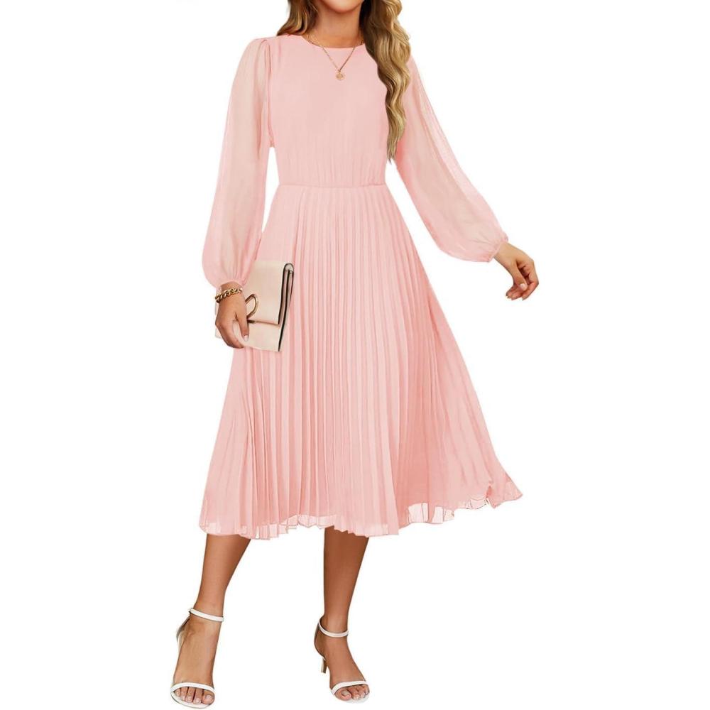imageZESICA Womens Fall Long Sleeve Dresses 2026 Casual Crewneck Chiffon Swing Pleated A Line Cocktail Party Midi DressLight Pink