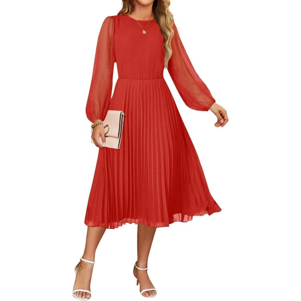 imageZESICA Womens Fall Long Sleeve Dresses 2026 Casual Crewneck Chiffon Swing Pleated A Line Cocktail Party Midi DressRed