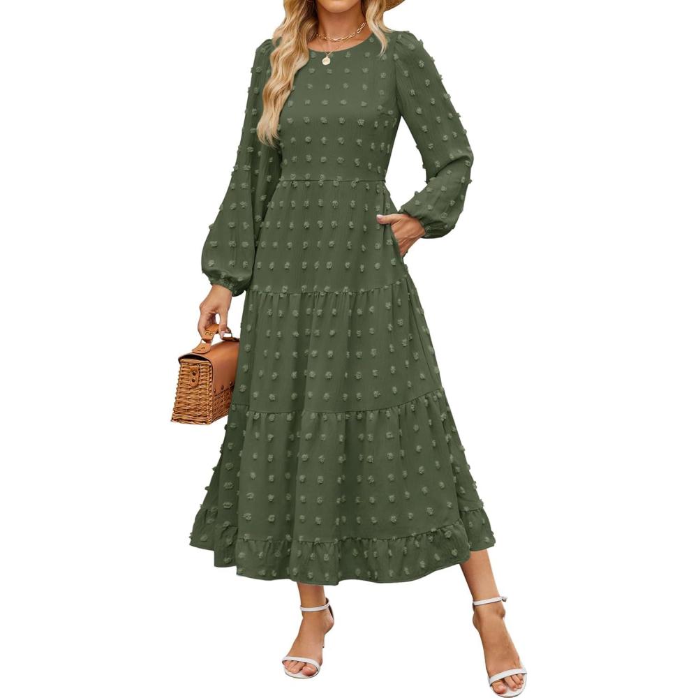 imageZESICA Womens Fall Long Sleeve Maxi Dresses 2026 Crew Neck Swiss Dot Tiered Flowy A Line Wedding Cocktail Party DressArmy Green