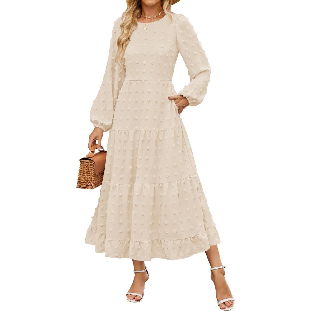imageZESICA Womens Fall Long Sleeve Maxi Dresses 2026 Crew Neck Swiss Dot Tiered Flowy A Line Wedding Cocktail Party DressBeige