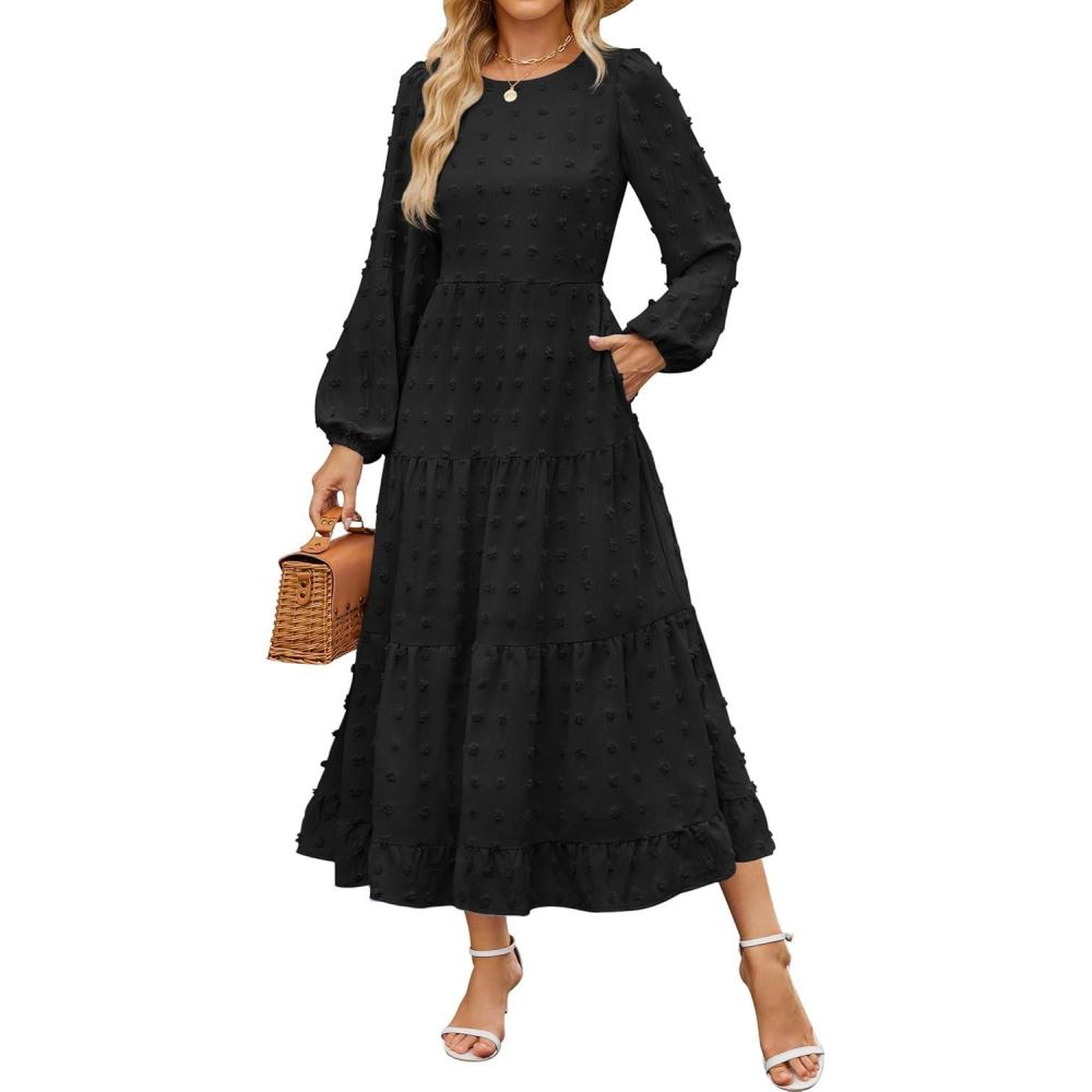 imageZESICA Womens Fall Long Sleeve Maxi Dresses 2026 Crew Neck Swiss Dot Tiered Flowy A Line Wedding Cocktail Party DressBlack