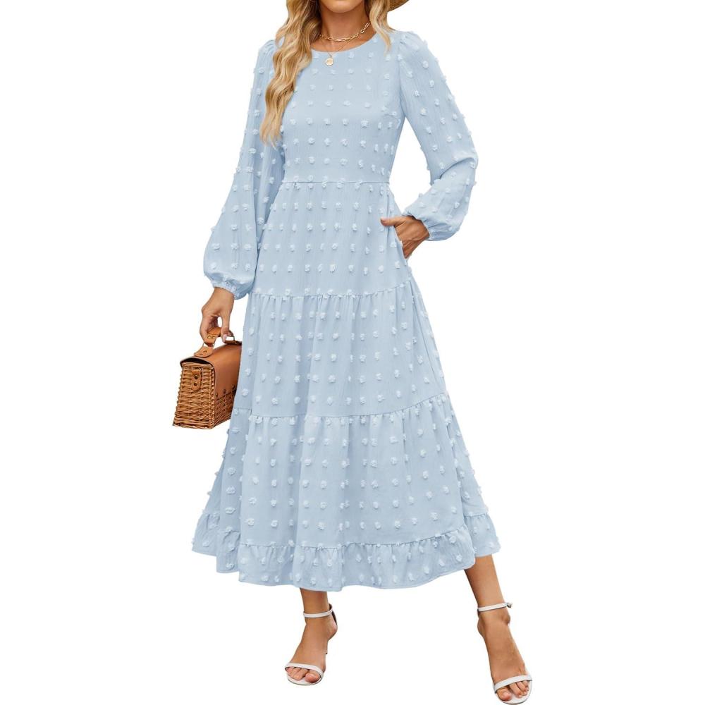 imageZESICA Womens Fall Long Sleeve Maxi Dresses 2026 Crew Neck Swiss Dot Tiered Flowy A Line Wedding Cocktail Party DressLight Blue