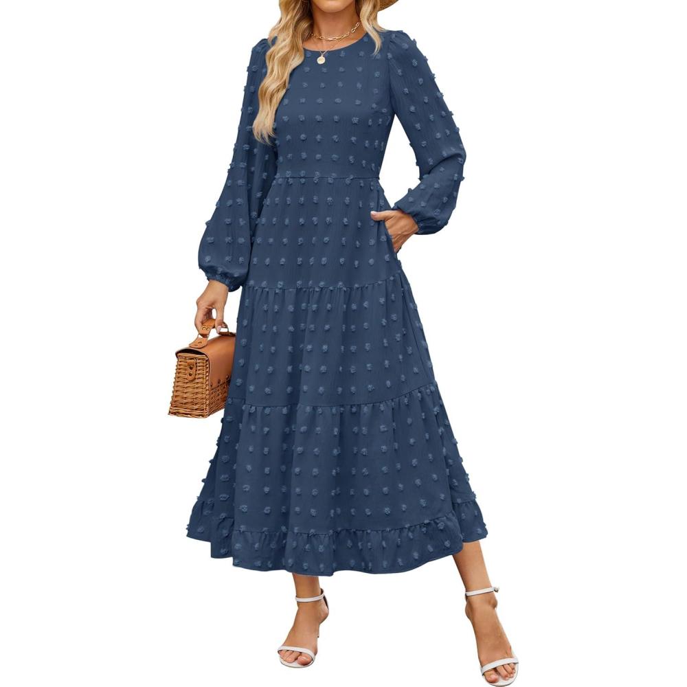 imageZESICA Womens Fall Long Sleeve Maxi Dresses 2026 Crew Neck Swiss Dot Tiered Flowy A Line Wedding Cocktail Party DressNavy
