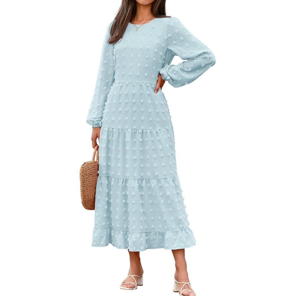 imageZESICA Womens Fall Long Sleeve Maxi Dresses 2026 Crew Neck Swiss Dot Tiered Flowy A Line Wedding Cocktail Party DressSky
