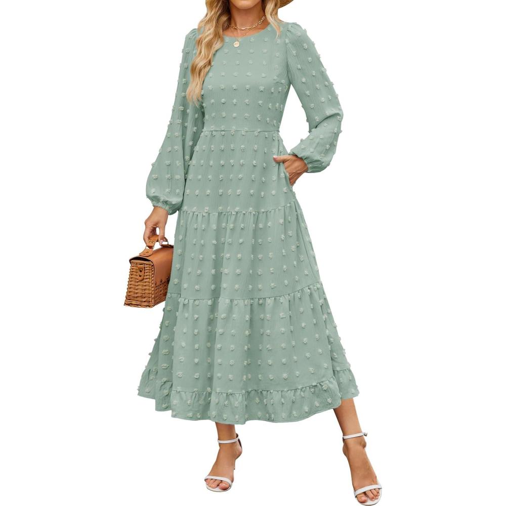 imageZESICA Womens Fall Long Sleeve Maxi Dresses 2026 Crew Neck Swiss Dot Tiered Flowy A Line Wedding Cocktail Party DressTurquoise