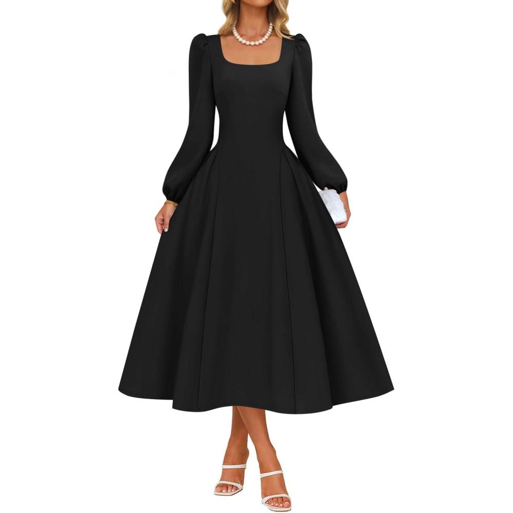 imageZESICA Womens Long Sleeve Midi Dresses 2026 Fall Square Neck Swing A Line Wedding Guest Evening Prom DressBlack