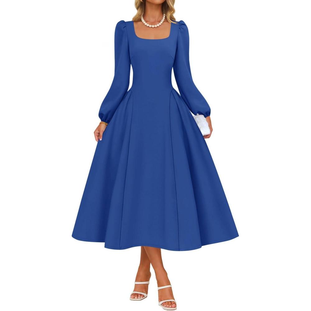 imageZESICA Womens Long Sleeve Midi Dresses 2026 Fall Square Neck Swing A Line Wedding Guest Evening Prom DressDarkblue