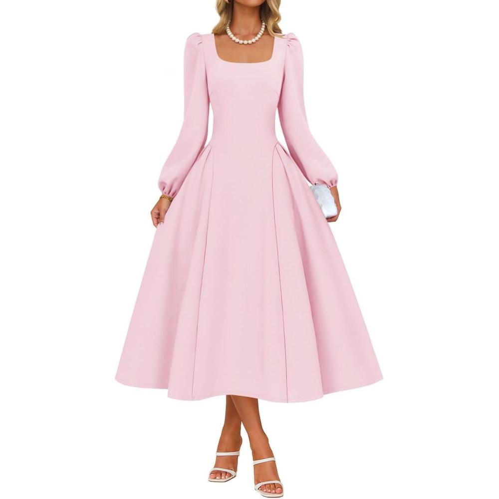 imageZESICA Womens Long Sleeve Midi Dresses 2026 Fall Square Neck Swing A Line Wedding Guest Evening Prom DressPink