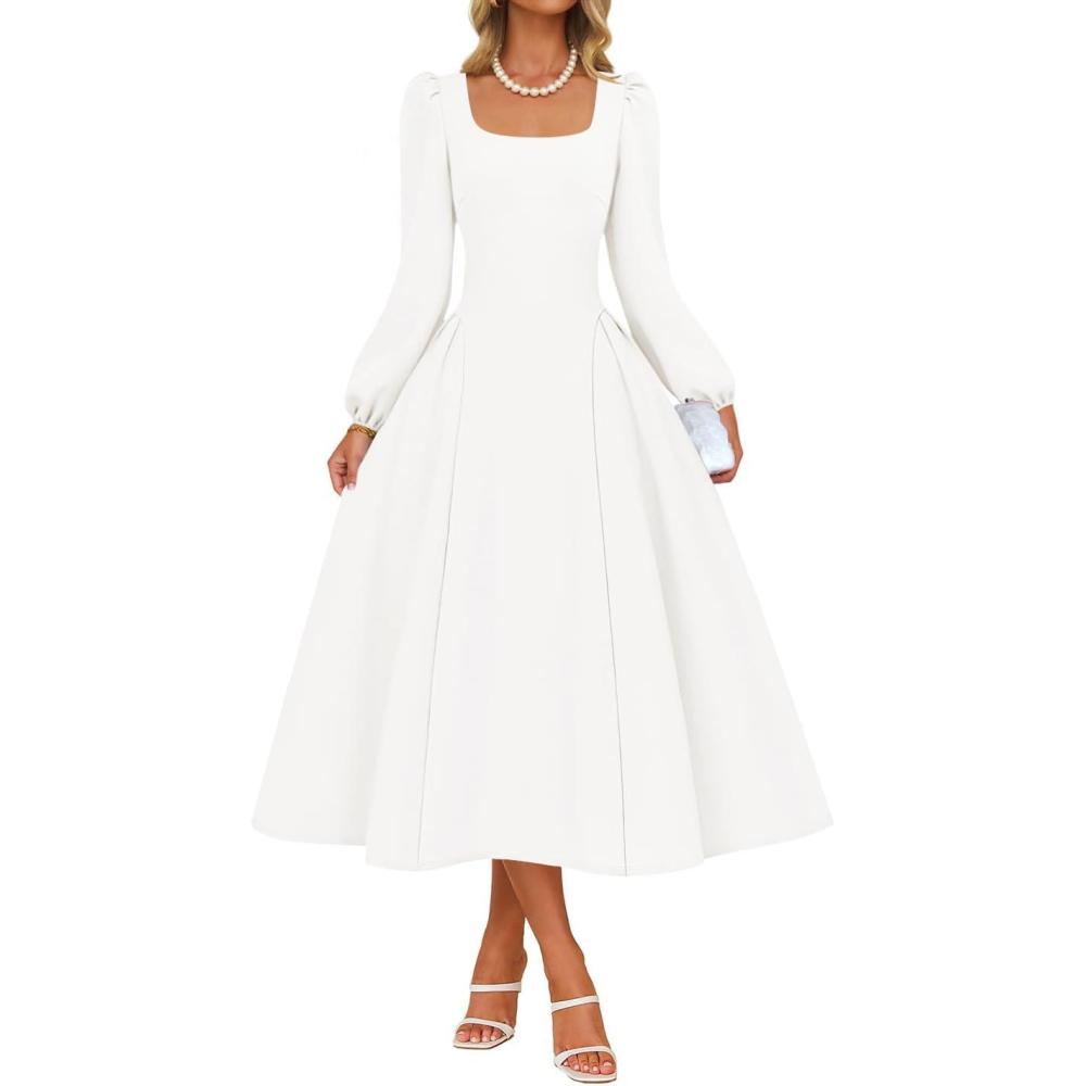imageZESICA Womens Long Sleeve Midi Dresses 2026 Fall Square Neck Swing A Line Wedding Guest Evening Prom DressWhite