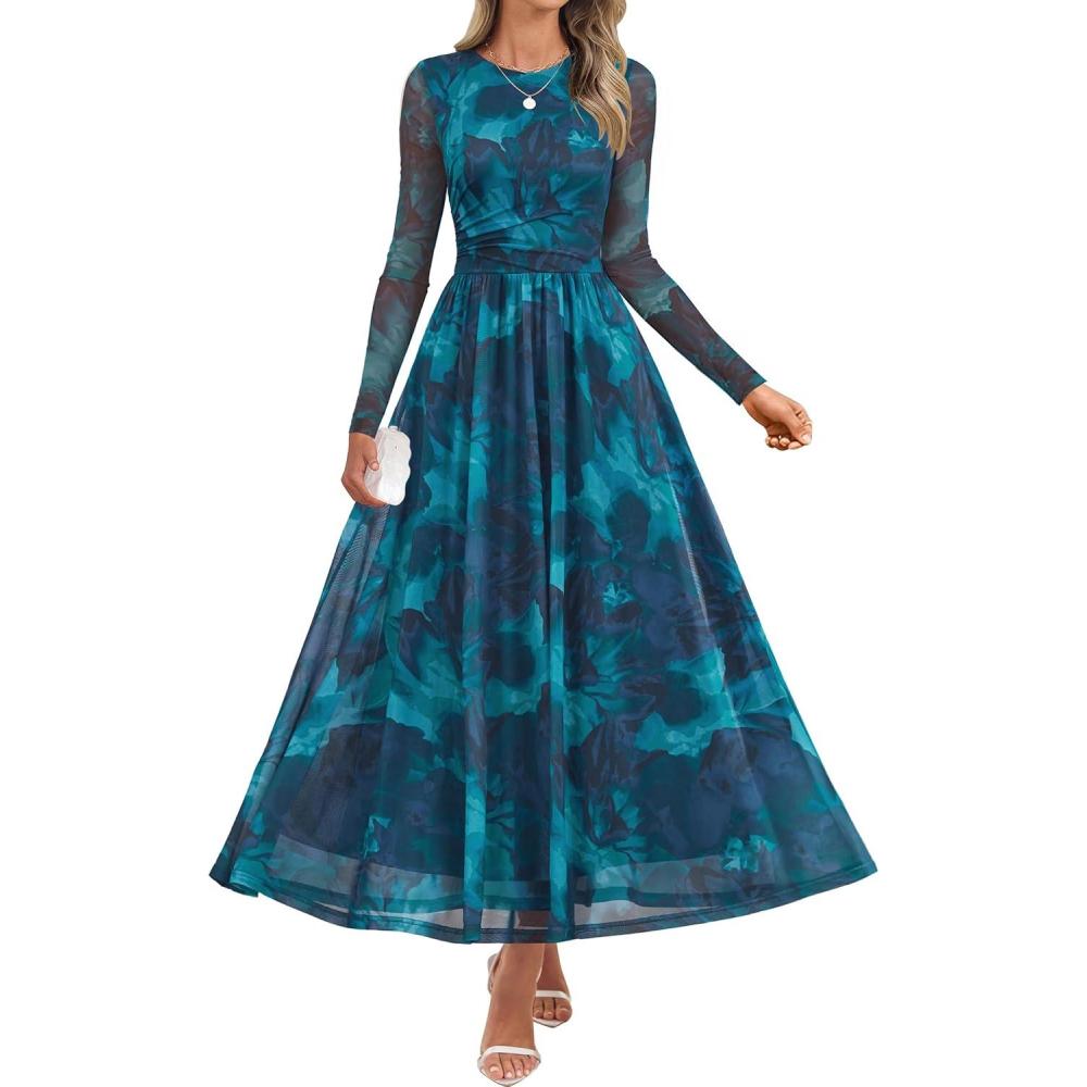 imageZESICA Womens Maxi Dress 2026 Spring Long Sleeve Crewneck Floral Print Mesh Ruched Party Wedding Guest DressesBlue