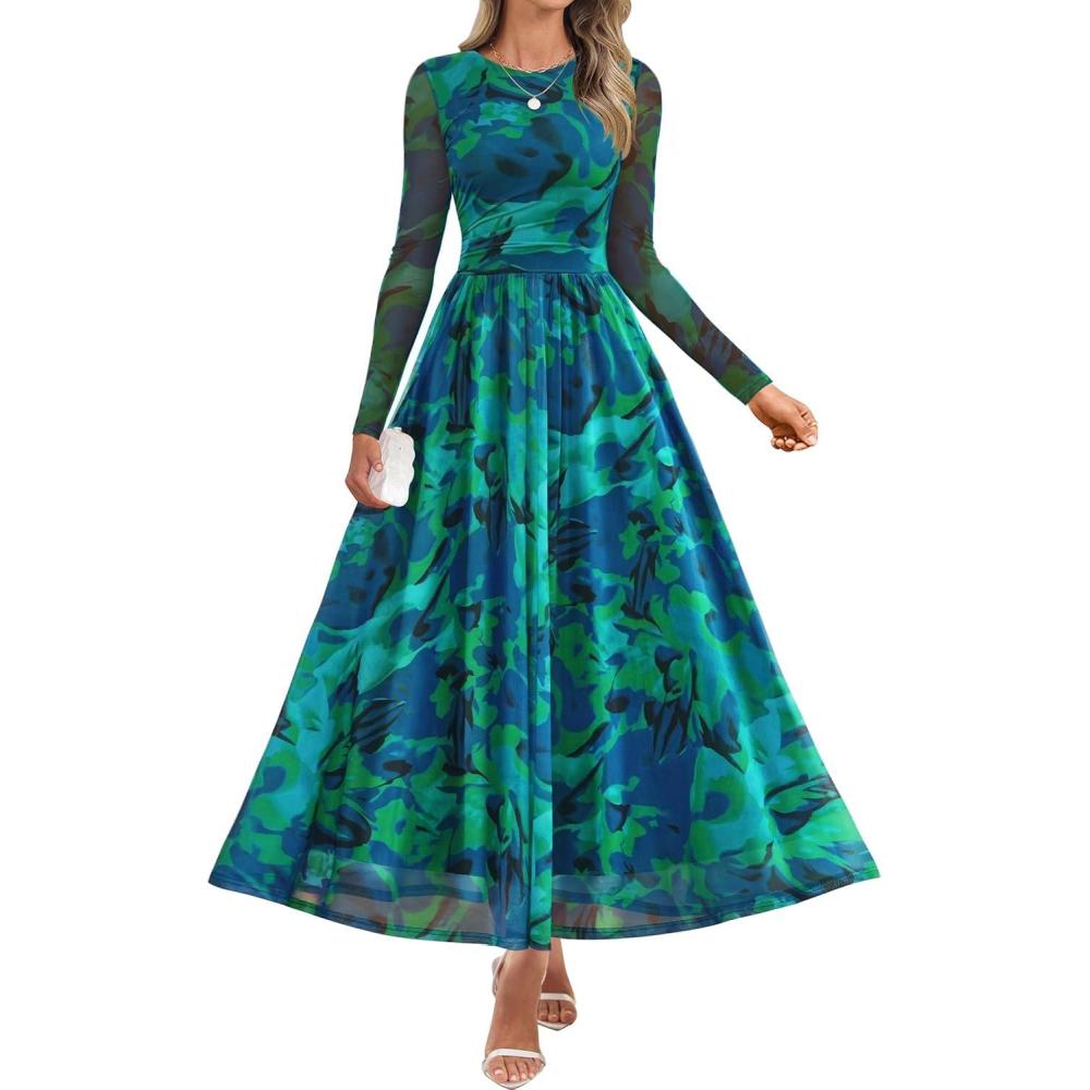 imageZESICA Womens Maxi Dress 2026 Spring Long Sleeve Crewneck Floral Print Mesh Ruched Party Wedding Guest DressesGreen