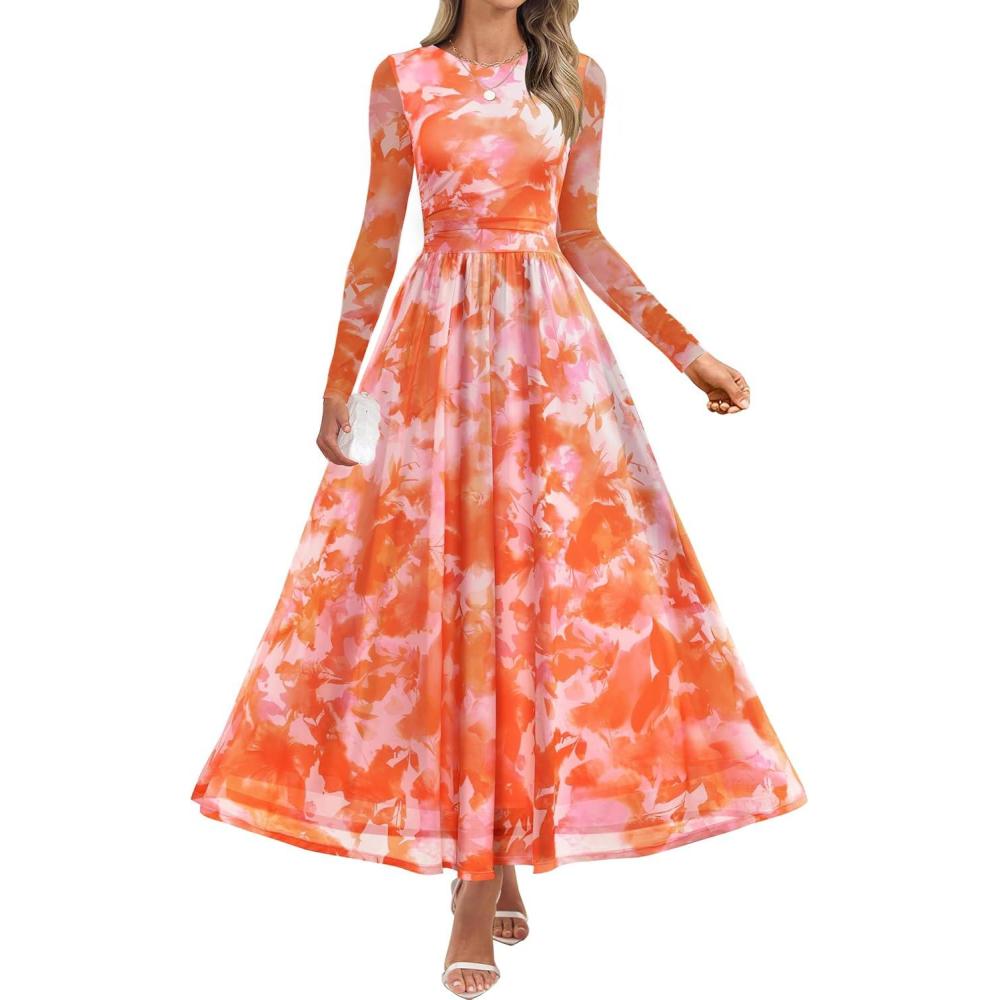 imageZESICA Womens Maxi Dress 2026 Spring Long Sleeve Crewneck Floral Print Mesh Ruched Party Wedding Guest DressesOrange