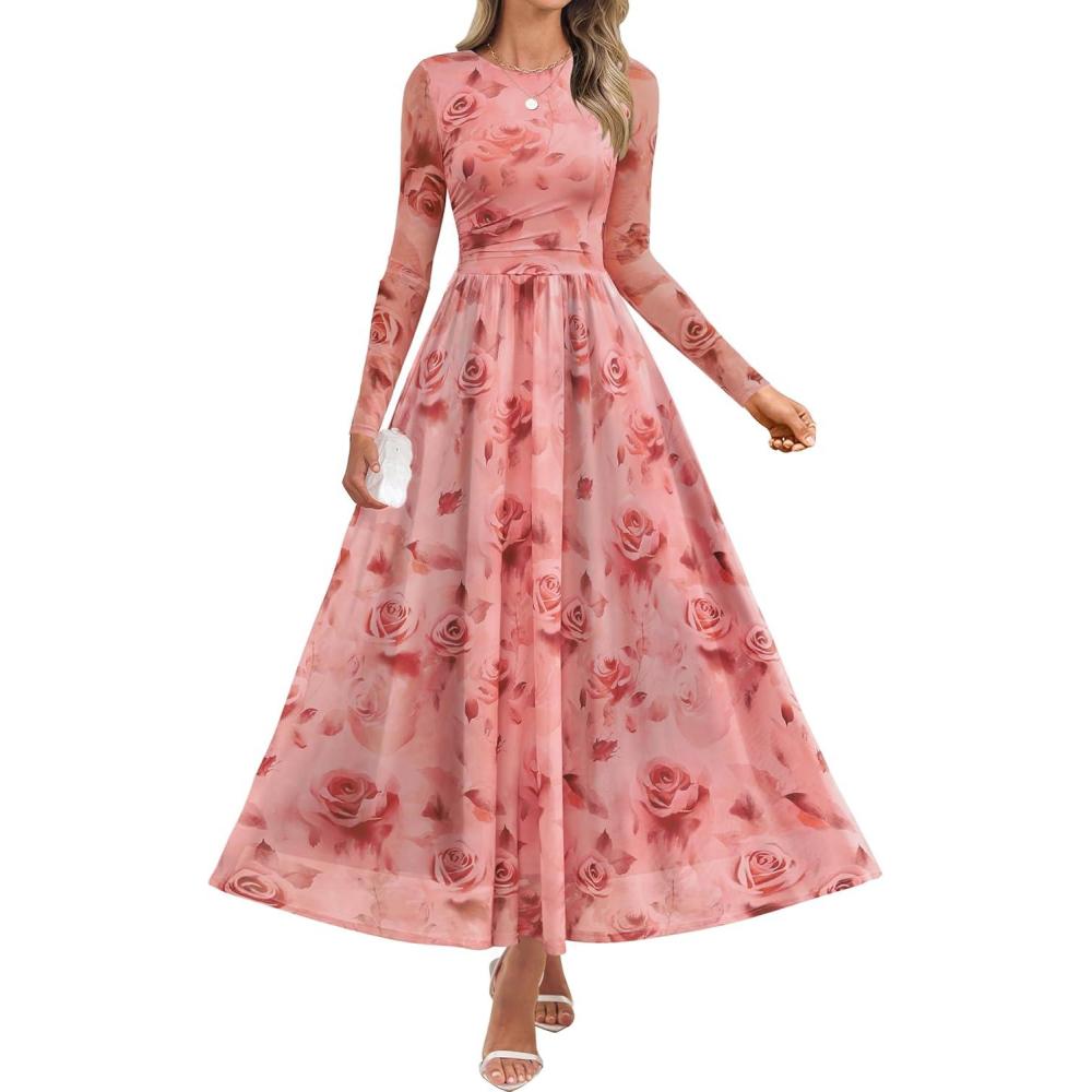 imageZESICA Womens Maxi Dress 2026 Spring Long Sleeve Crewneck Floral Print Mesh Ruched Party Wedding Guest DressesPink