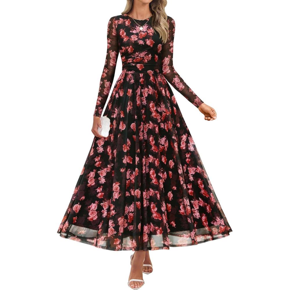 imageZESICA Womens Maxi Dress 2026 Spring Long Sleeve Crewneck Floral Print Mesh Ruched Party Wedding Guest DressesPinkblack