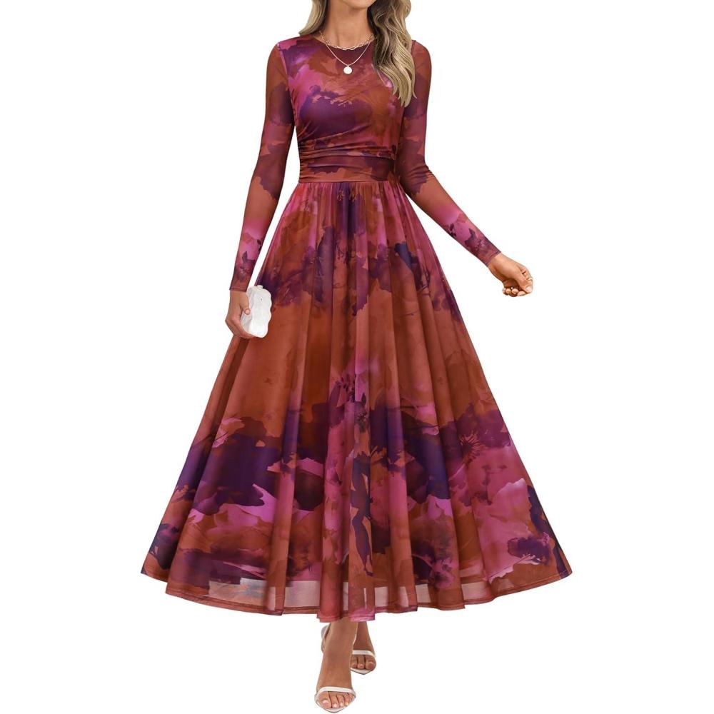 imageZESICA Womens Maxi Dress 2026 Spring Long Sleeve Crewneck Floral Print Mesh Ruched Party Wedding Guest DressesPinkpurple