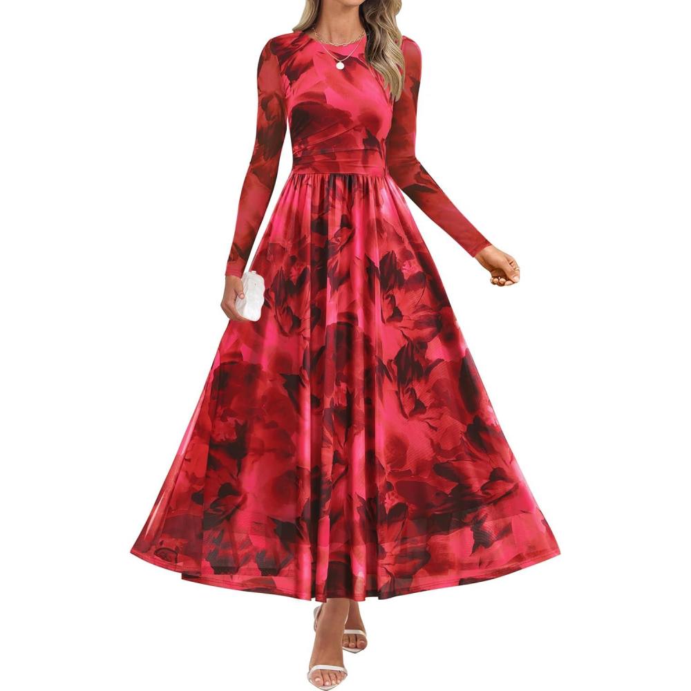 imageZESICA Womens Maxi Dress 2026 Spring Long Sleeve Crewneck Floral Print Mesh Ruched Party Wedding Guest DressesRed
