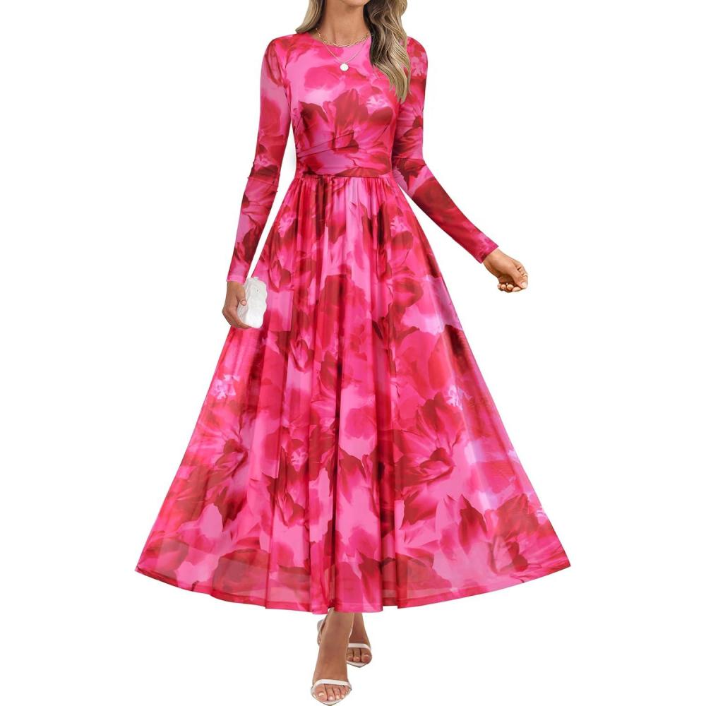 imageZESICA Womens Maxi Dress 2026 Spring Long Sleeve Crewneck Floral Print Mesh Ruched Party Wedding Guest DressesRose