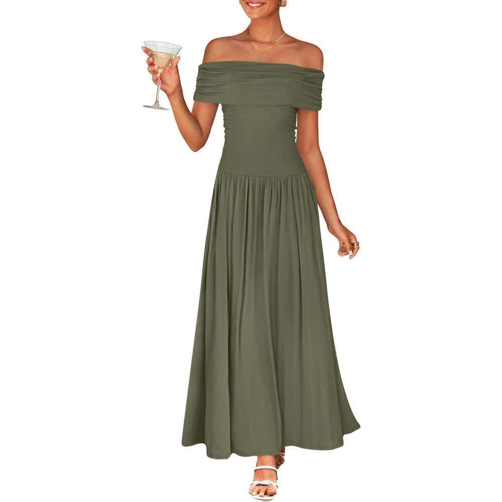 imageZESICA Womens Off The Shoulder Maxi Dress 2026 Summer Sleeveless Casual Slim Swing Pleated Formal Party DressesArmy Green