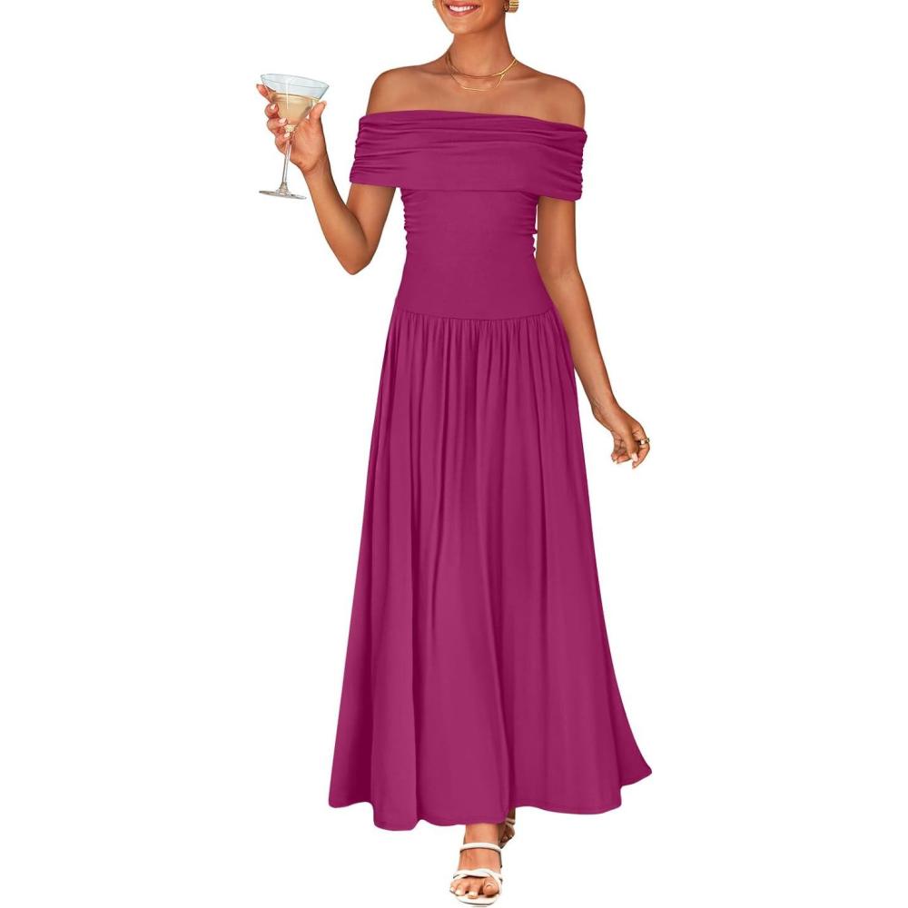 imageZESICA Womens Off The Shoulder Maxi Dress 2026 Summer Sleeveless Casual Slim Swing Pleated Formal Party DressesDragon Fruit