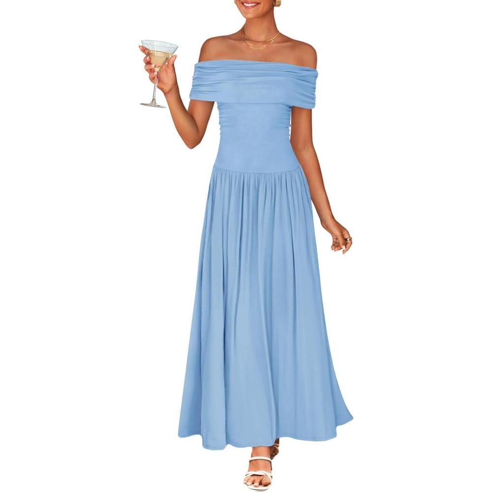 imageZESICA Womens Off The Shoulder Maxi Dress 2026 Summer Sleeveless Casual Slim Swing Pleated Formal Party DressesLight Blue