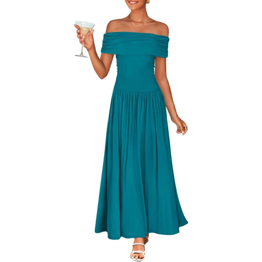 imageZESICA Womens Off The Shoulder Maxi Dress 2026 Summer Sleeveless Casual Slim Swing Pleated Formal Party DressesPeacock Blue