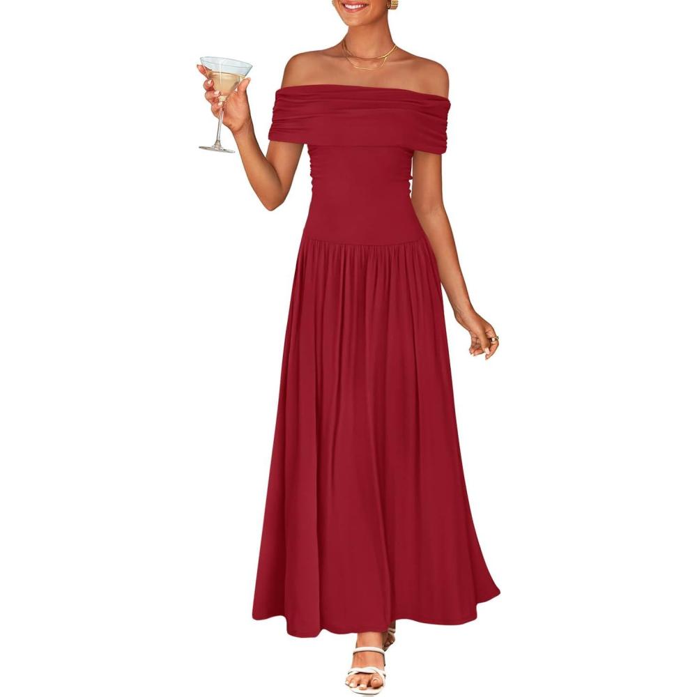 imageZESICA Womens Off The Shoulder Maxi Dress 2026 Summer Sleeveless Casual Slim Swing Pleated Formal Party DressesRed