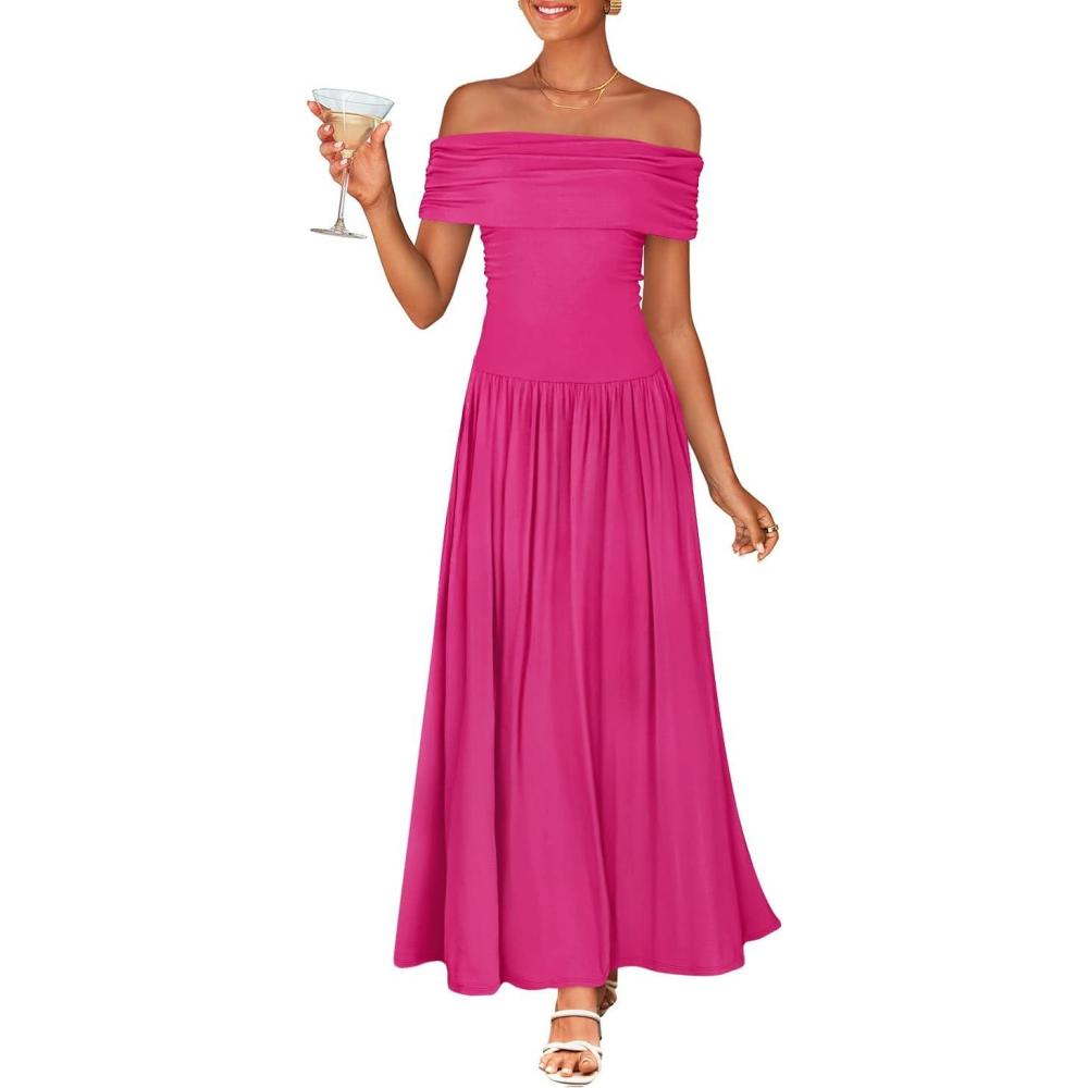imageZESICA Womens Off The Shoulder Maxi Dress 2026 Summer Sleeveless Casual Slim Swing Pleated Formal Party DressesRose