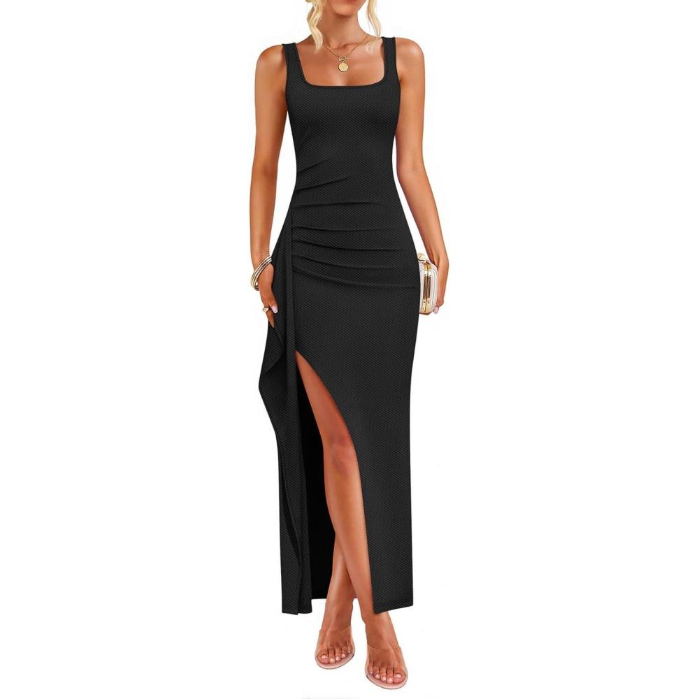 imageZESICA Womens Sleeveless Formal Maxi Dresses 2026 Summer Ribbed Square Neck High Split Party Bodycon Long DressBlack