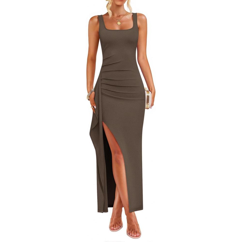imageZESICA Womens Sleeveless Formal Maxi Dresses 2026 Summer Ribbed Square Neck High Split Party Bodycon Long DressBrown