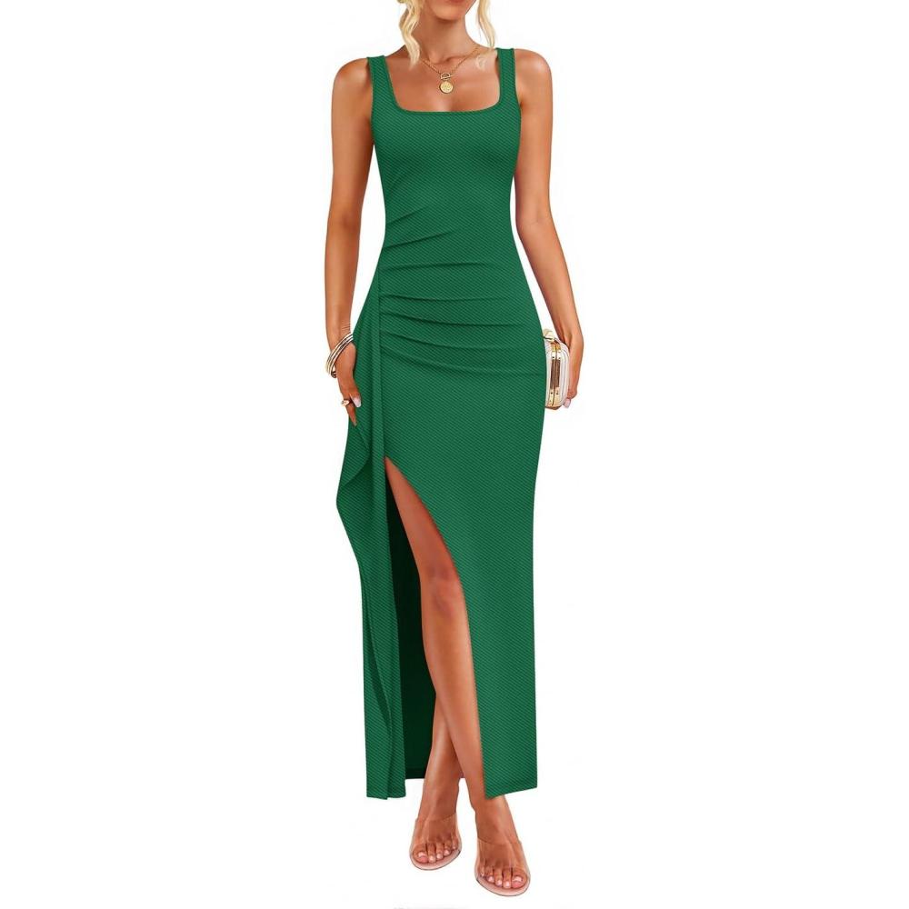 imageZESICA Womens Sleeveless Formal Maxi Dresses 2026 Summer Ribbed Square Neck High Split Party Bodycon Long DressGreen