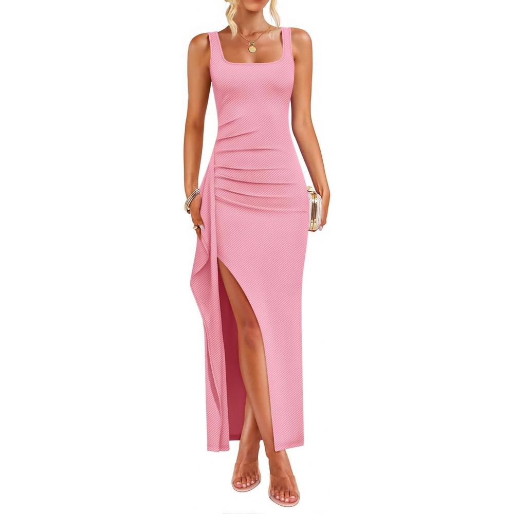 imageZESICA Womens Sleeveless Formal Maxi Dresses 2026 Summer Ribbed Square Neck High Split Party Bodycon Long DressPink