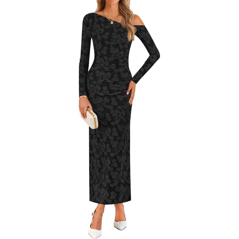 imageZESICA Womens Spring Floral Off Shoulder Bodycon Maxi Dresses 2026 Long Sleeve Ruched Elegant Cocktail Party DressBlack