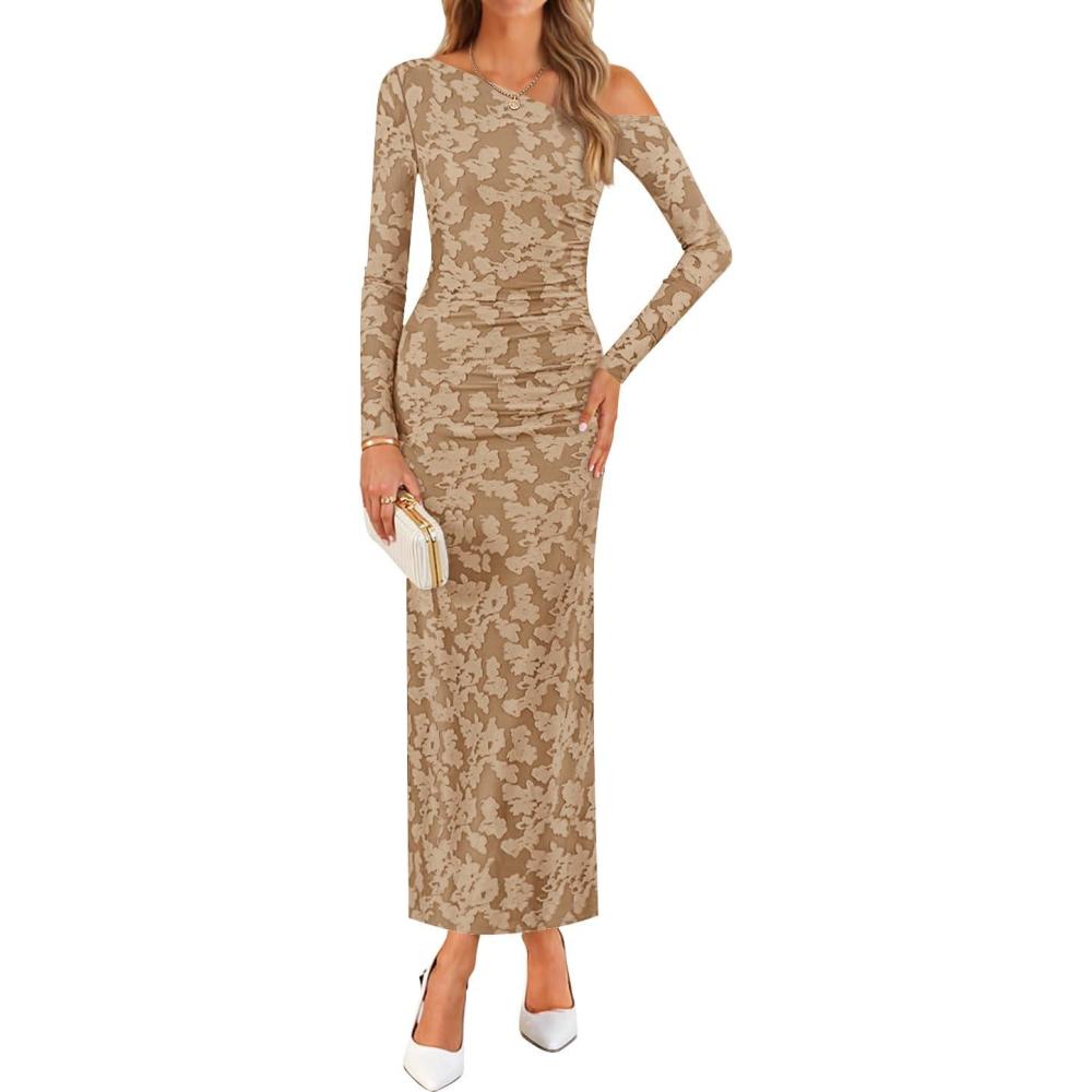 imageZESICA Womens Spring Floral Off Shoulder Bodycon Maxi Dresses 2026 Long Sleeve Ruched Elegant Cocktail Party DressKhaki