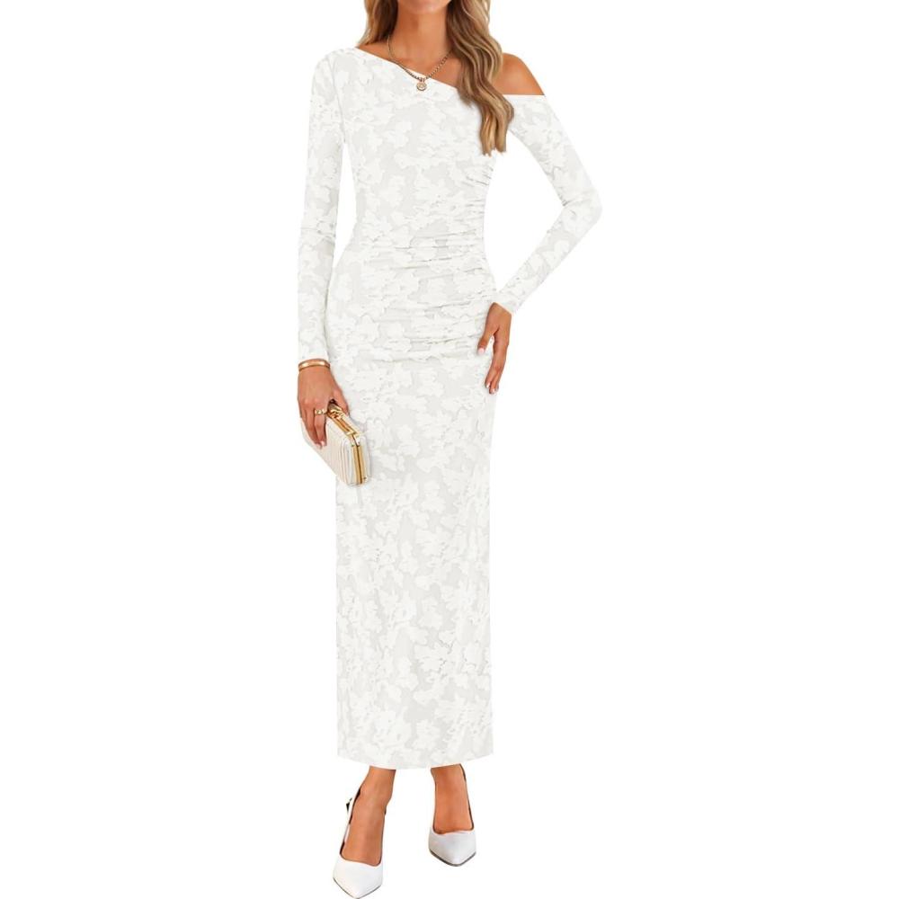 imageZESICA Womens Spring Floral Off Shoulder Bodycon Maxi Dresses 2026 Long Sleeve Ruched Elegant Cocktail Party DressWhite