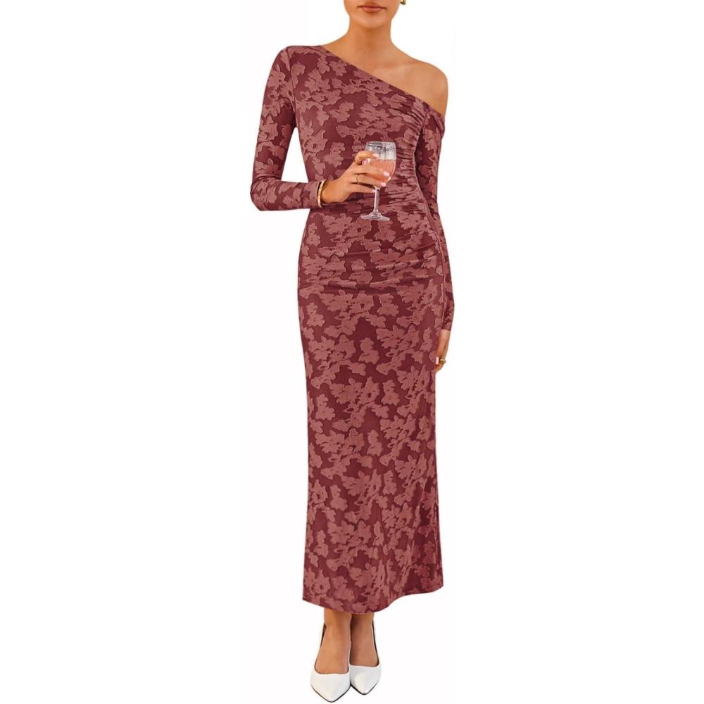 imageZESICA Womens Spring Floral Off Shoulder Bodycon Maxi Dresses 2026 Long Sleeve Ruched Elegant Cocktail Party DressWinered