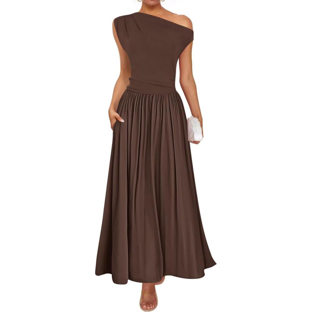 imageZESICA Womens Summer 2026 Sleeveless Maxi Dress One Shoulder Casual Slim Swing Pleated Formal Dresses with PocketsBrown