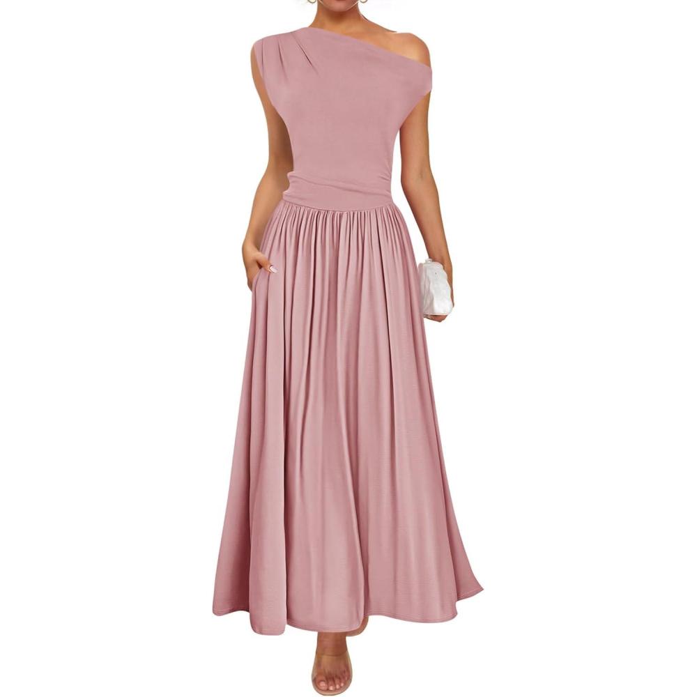 imageZESICA Womens Summer 2026 Sleeveless Maxi Dress One Shoulder Casual Slim Swing Pleated Formal Dresses with PocketsPink