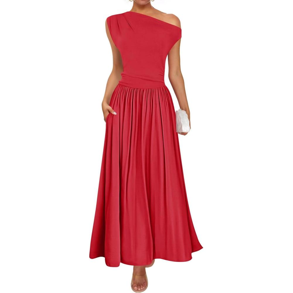 imageZESICA Womens Summer 2026 Sleeveless Maxi Dress One Shoulder Casual Slim Swing Pleated Formal Dresses with PocketsRed