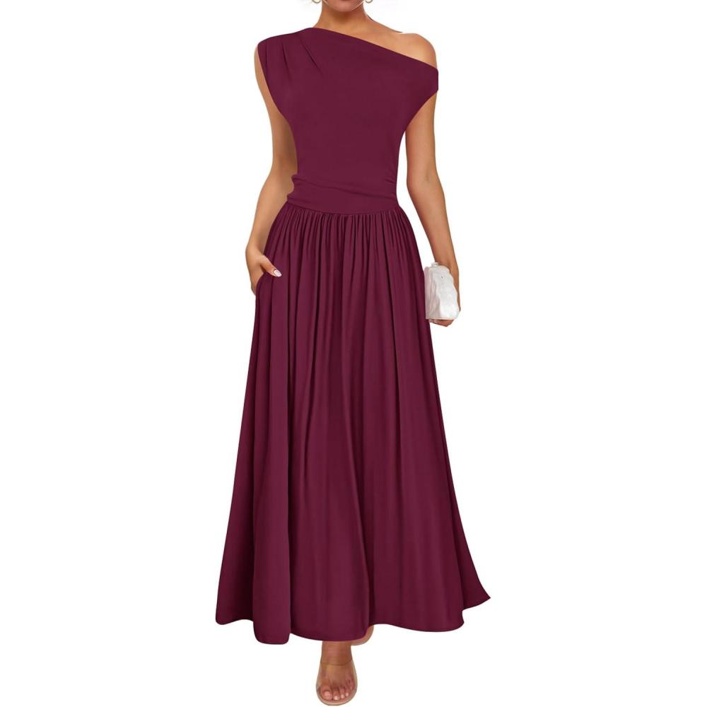 imageZESICA Womens Summer 2026 Sleeveless Maxi Dress One Shoulder Casual Slim Swing Pleated Formal Dresses with PocketsWine