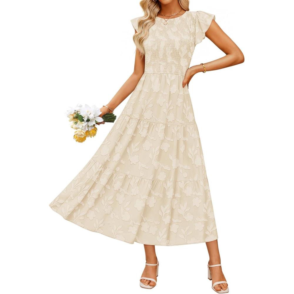 imageZESICA Womens Summer Boho Floral Midi Dress 2026 Casual Flutter Short Sleeve Crewneck Smocked Flowy Beach Long DressesApricot