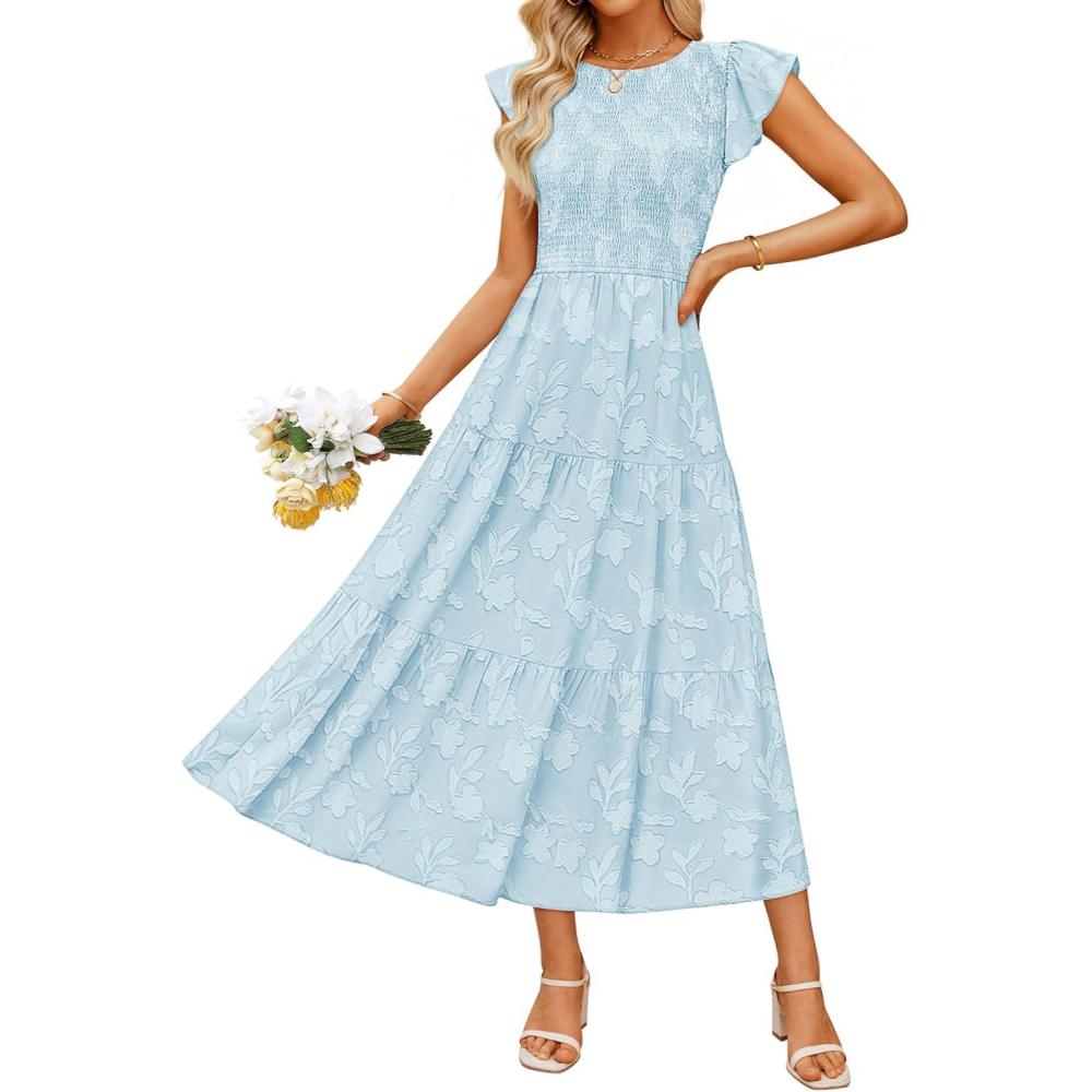 imageZESICA Womens Summer Boho Floral Midi Dress 2026 Casual Flutter Short Sleeve Crewneck Smocked Flowy Beach Long DressesBlue