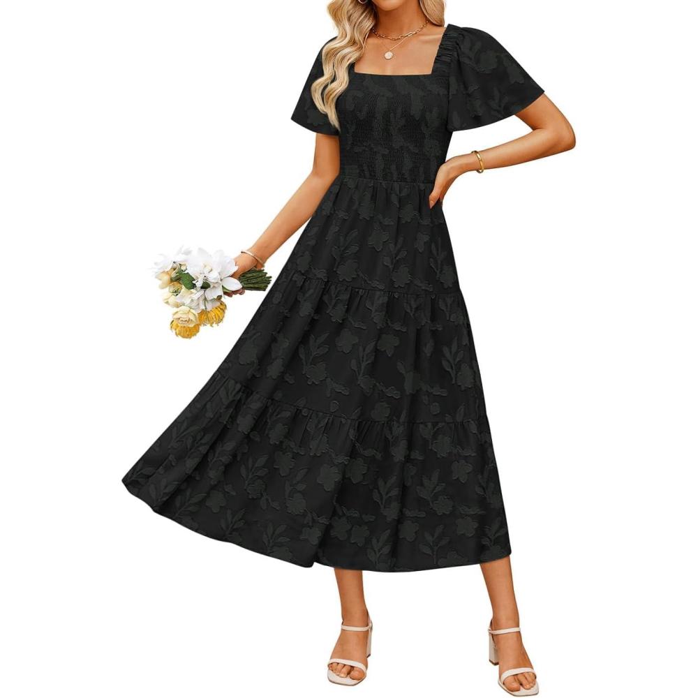 imageZESICA Womens Summer Boho Floral Midi Dress 2026 Casual Short Sleeve Square Neck Flowy Beach Vacation Long DressBlack