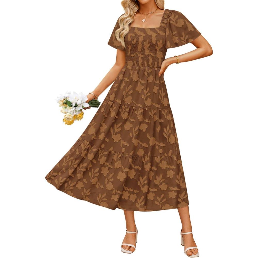 imageZESICA Womens Summer Boho Floral Midi Dress 2026 Casual Short Sleeve Square Neck Flowy Beach Vacation Long DressCaramel