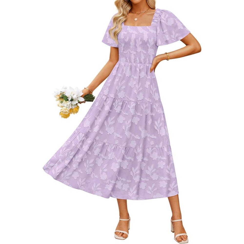 imageZESICA Womens Summer Boho Floral Midi Dress 2026 Casual Short Sleeve Square Neck Flowy Beach Vacation Long DressPurple