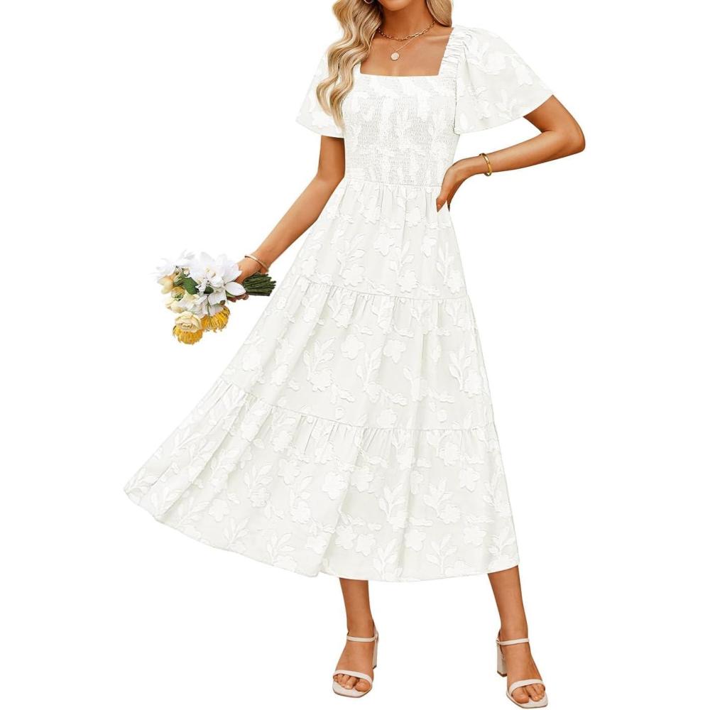 imageZESICA Womens Summer Boho Floral Midi Dress 2026 Casual Short Sleeve Square Neck Flowy Beach Vacation Long DressWhite