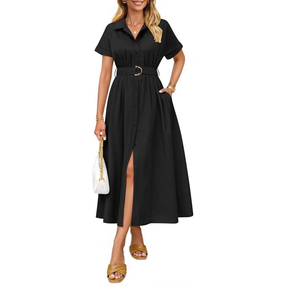 imageZESICA Womens Summer Button Down Midi Dress 2026 Short Sleeve A Line Belt Buiness Casual Shirt Dresses with PocketsBlack