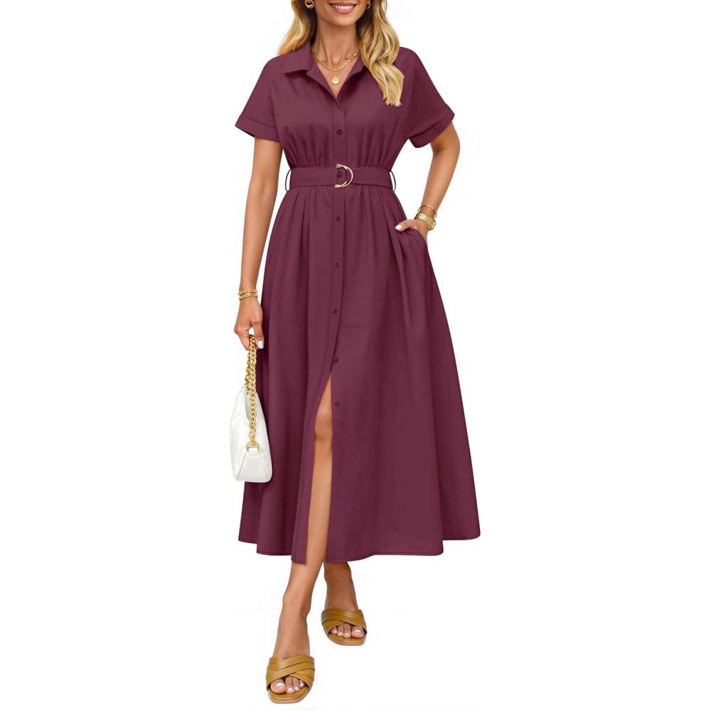 imageZESICA Womens Summer Button Down Midi Dress 2026 Short Sleeve A Line Belt Buiness Casual Shirt Dresses with PocketsFuchsia