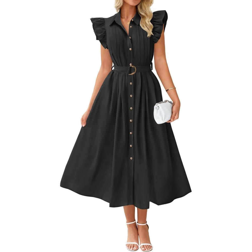 imageZESICA Womens Summer Button Midi Dresses 2026 Flutter Short Sleeve Belted Business Casual Work Long Dresses with PocketsBlack