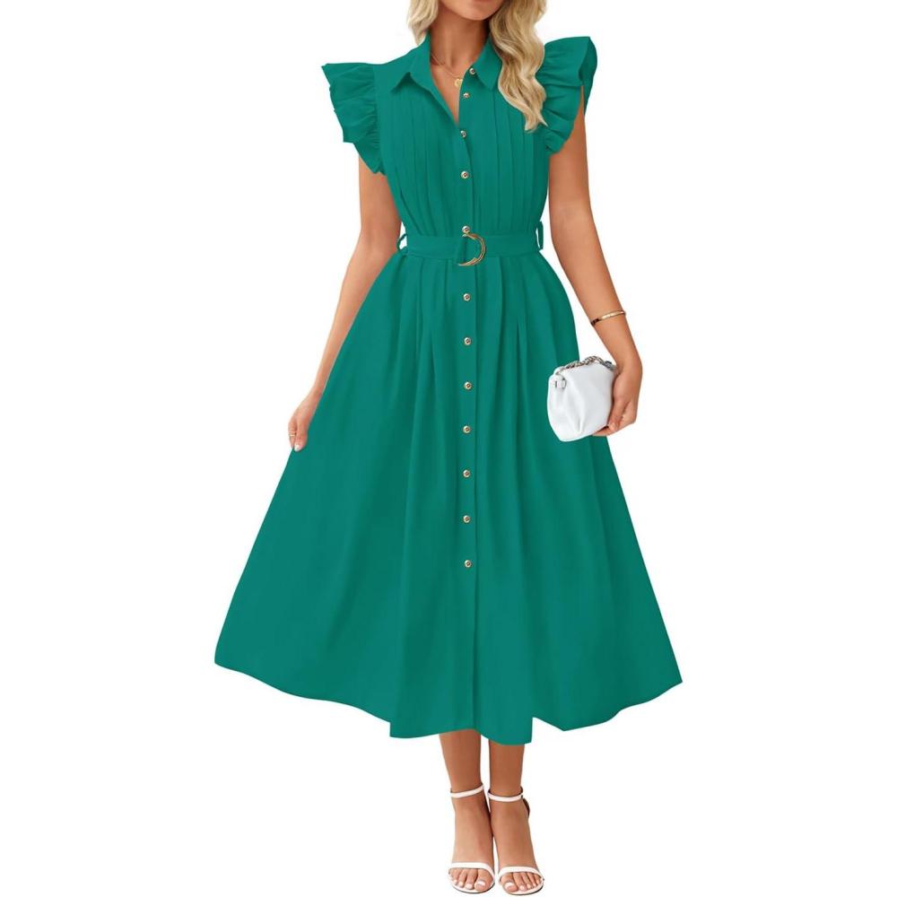 imageZESICA Womens Summer Button Midi Dresses 2026 Flutter Short Sleeve Belted Business Casual Work Long Dresses with PocketsDark Green