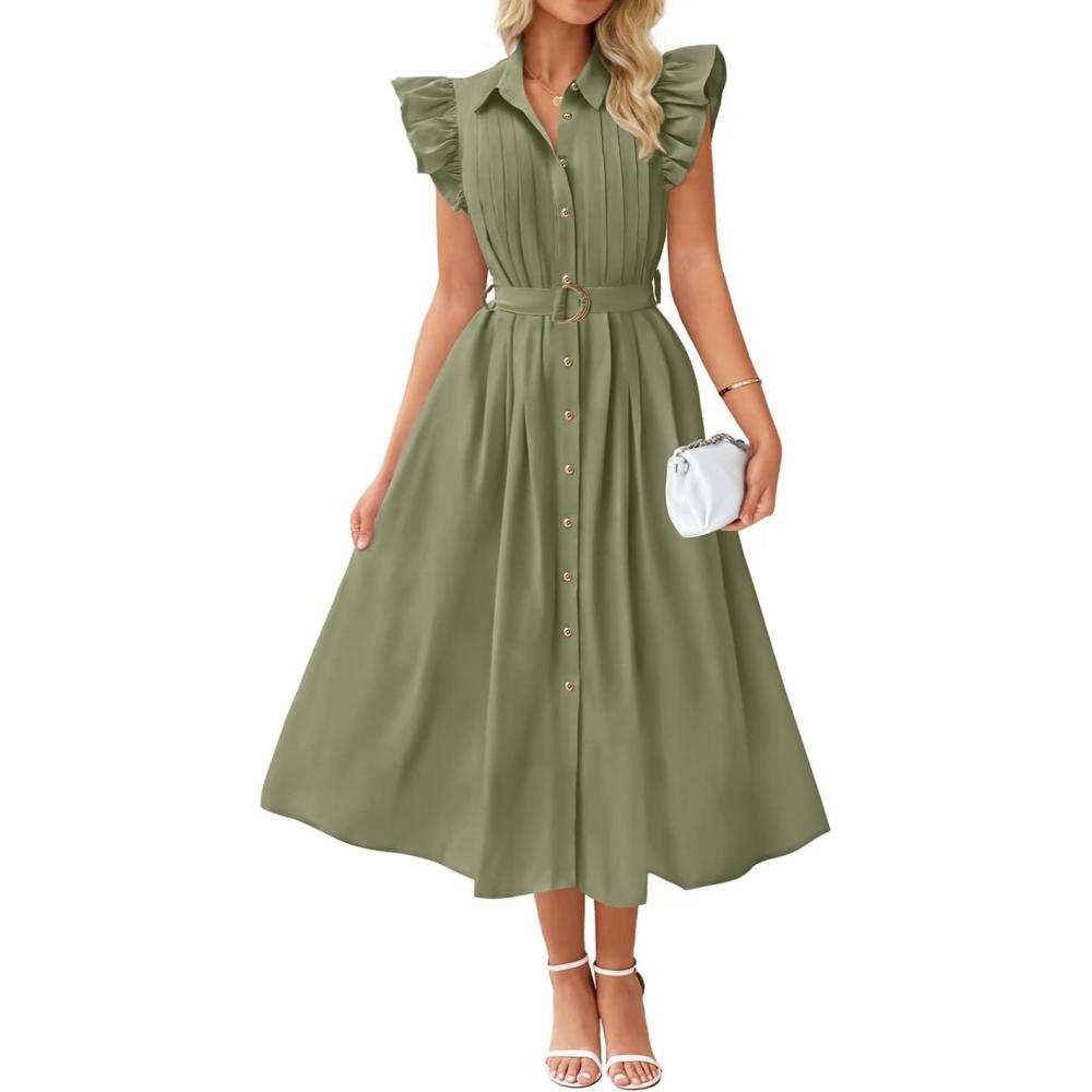 imageZESICA Womens Summer Button Midi Dresses 2026 Flutter Short Sleeve Belted Business Casual Work Long Dresses with PocketsGreen